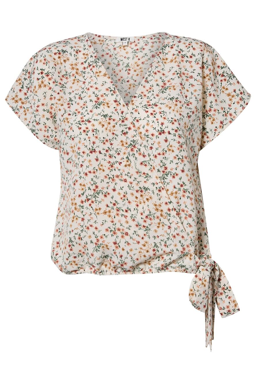 NEW West K Floral Blouse Beige Ditsy V Neck Woven Short Sleeve Surplice Size S